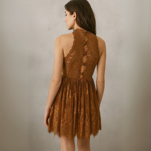 Free People Verushka Halter Lace Dress in Golden Honey SZ 0 - Picture 2 of 7